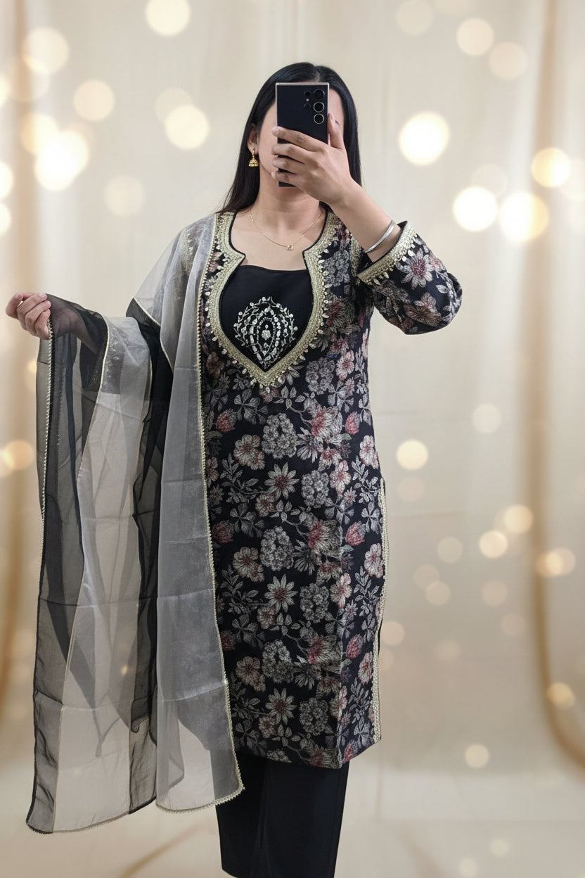 Black Floral Organza Suit with Bustier