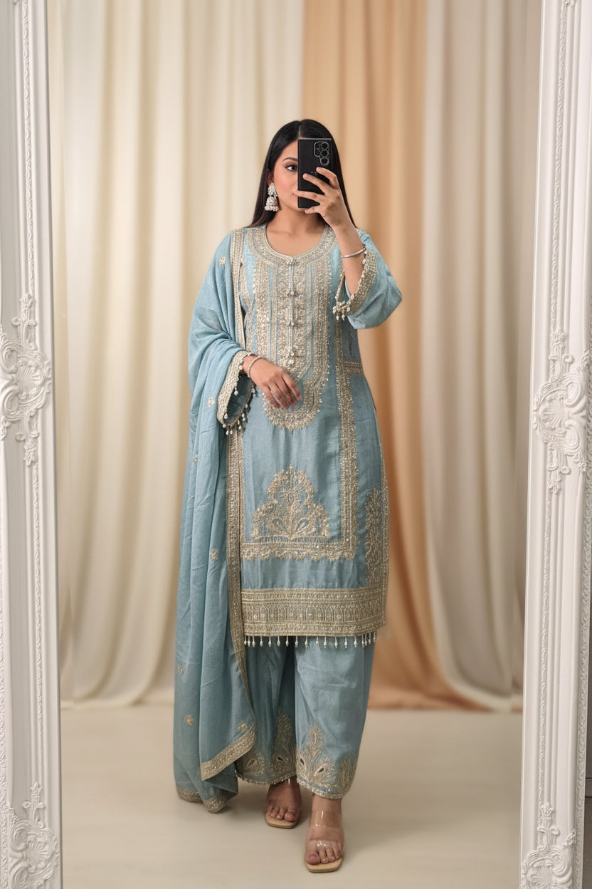 Powder blue Embroidered party wear suit