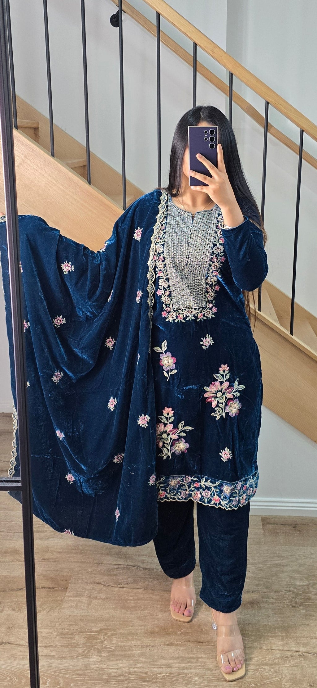 Teal blue Velvet Shawl suit