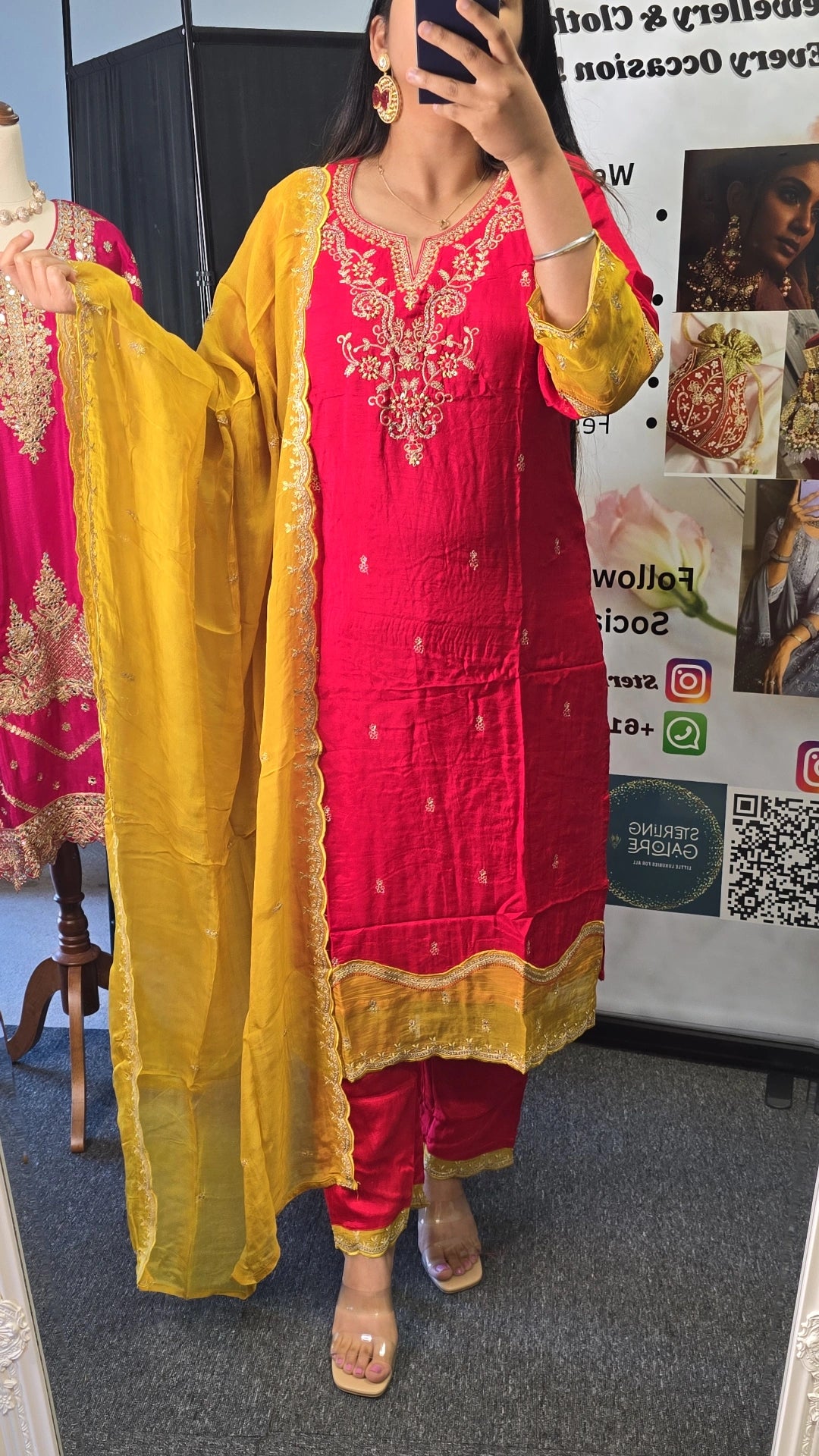 Red and mustard Party wear suit