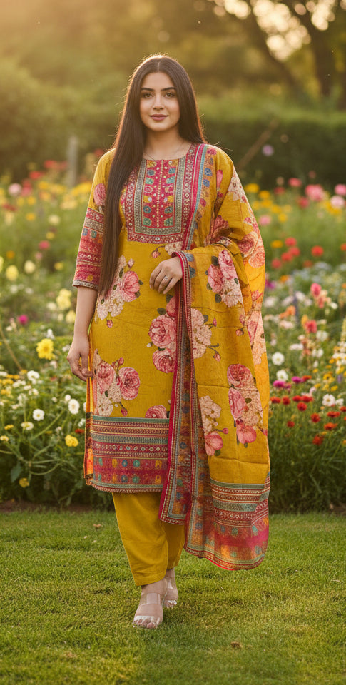 Mustard floral crepe suit