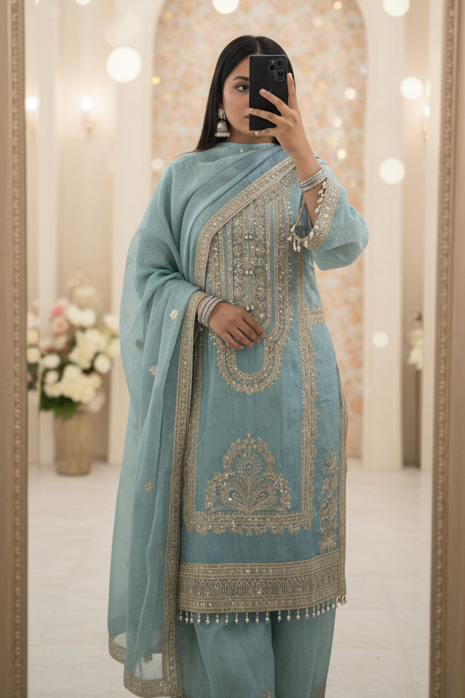 Powder blue Embroidered party wear suit