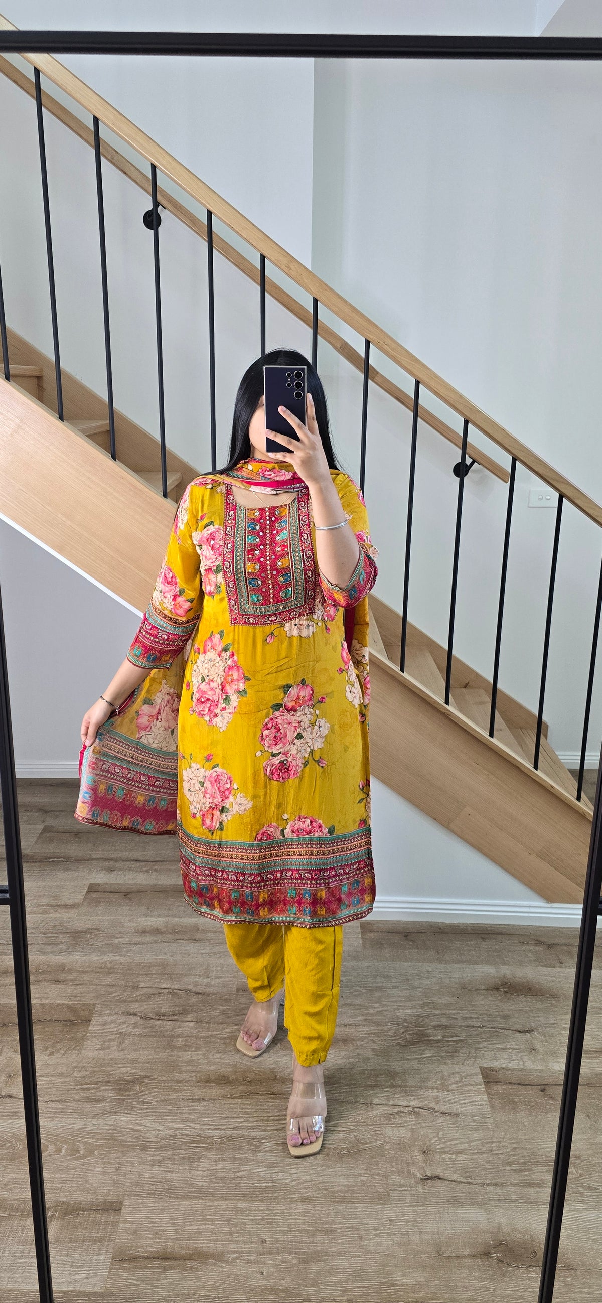 Mustard floral crepe suit