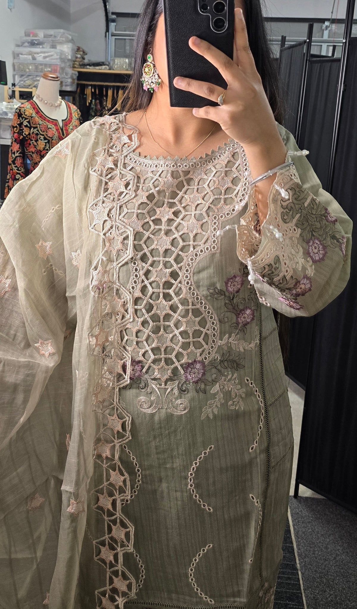 Sage Green organza Pakistani suit