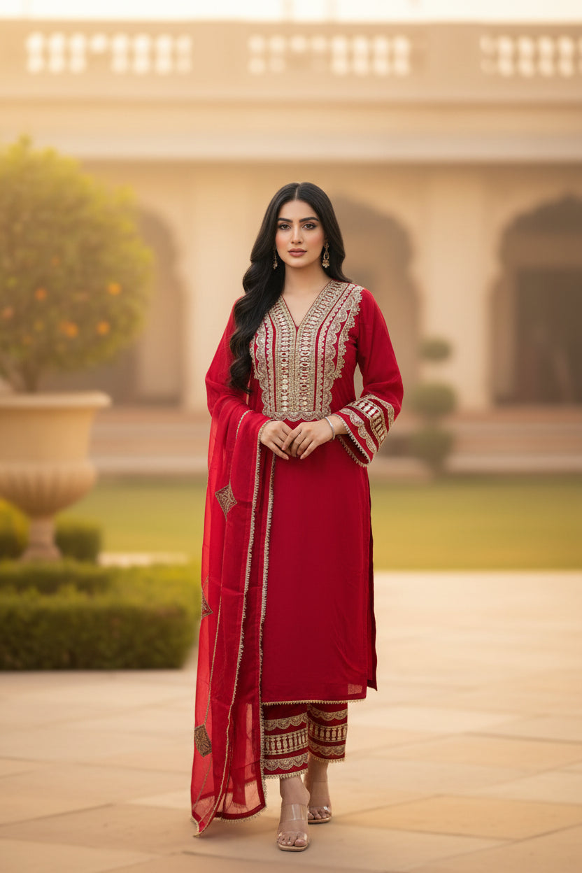 Red glass crepe mirror work suit