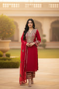Red glass crepe mirror work suit