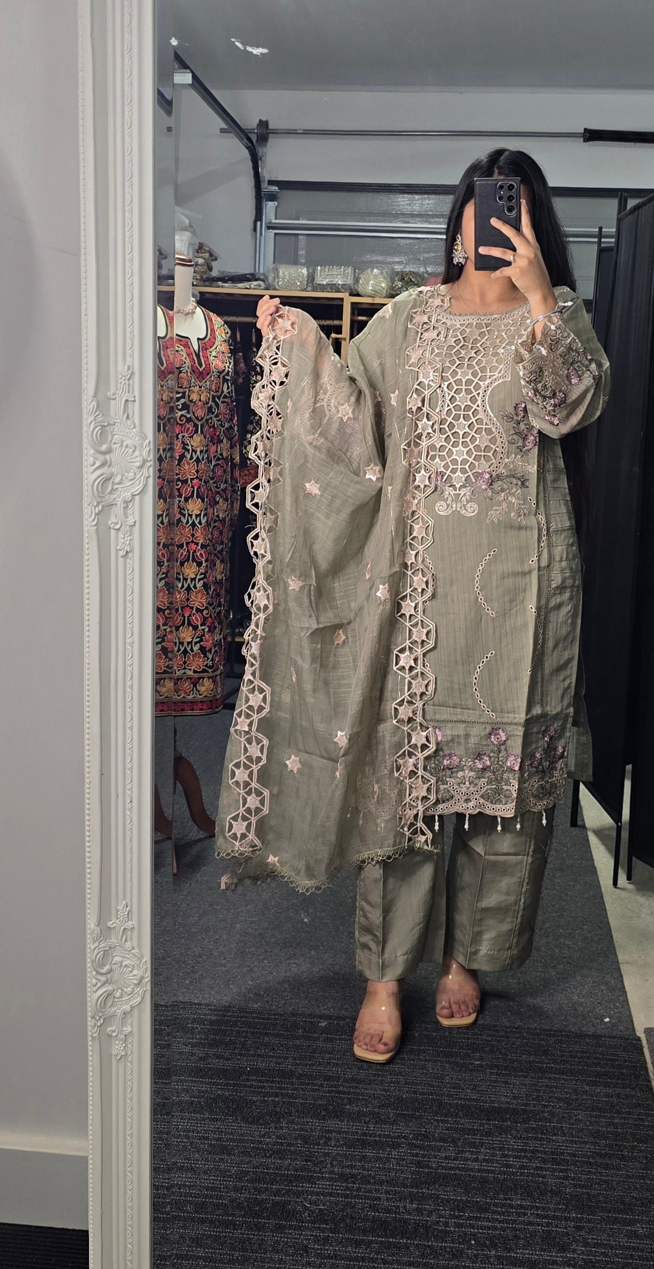 Sage Green organza Pakistani suit