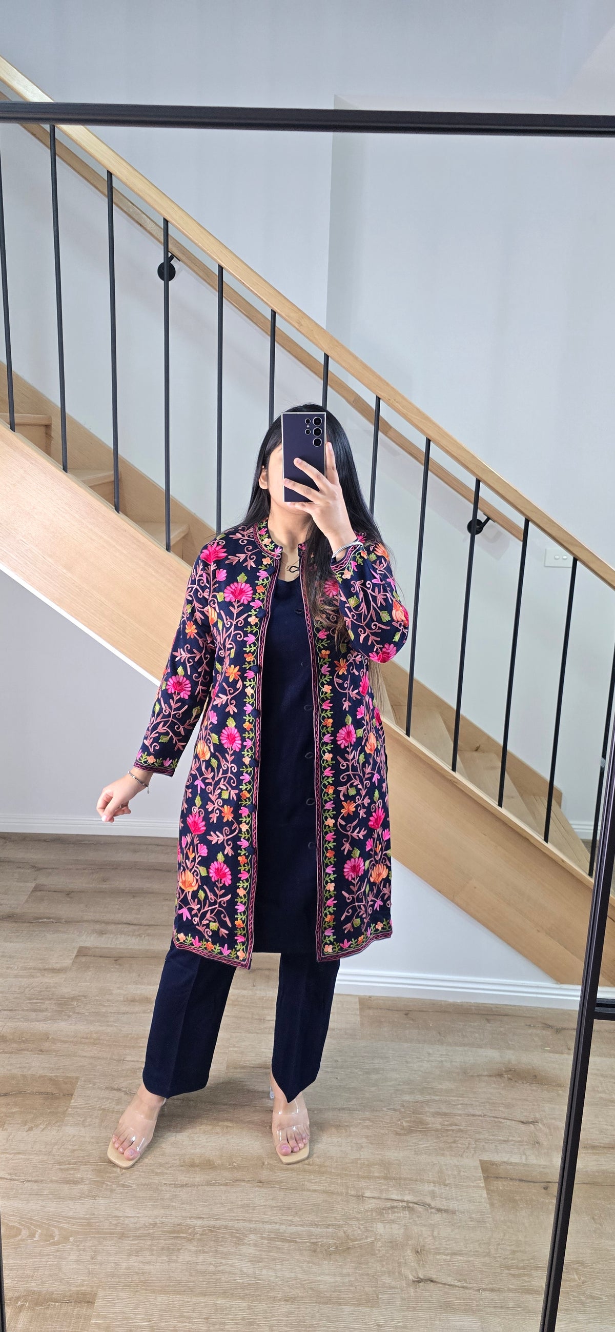 Woollen Kashmiri jacket set - Navy